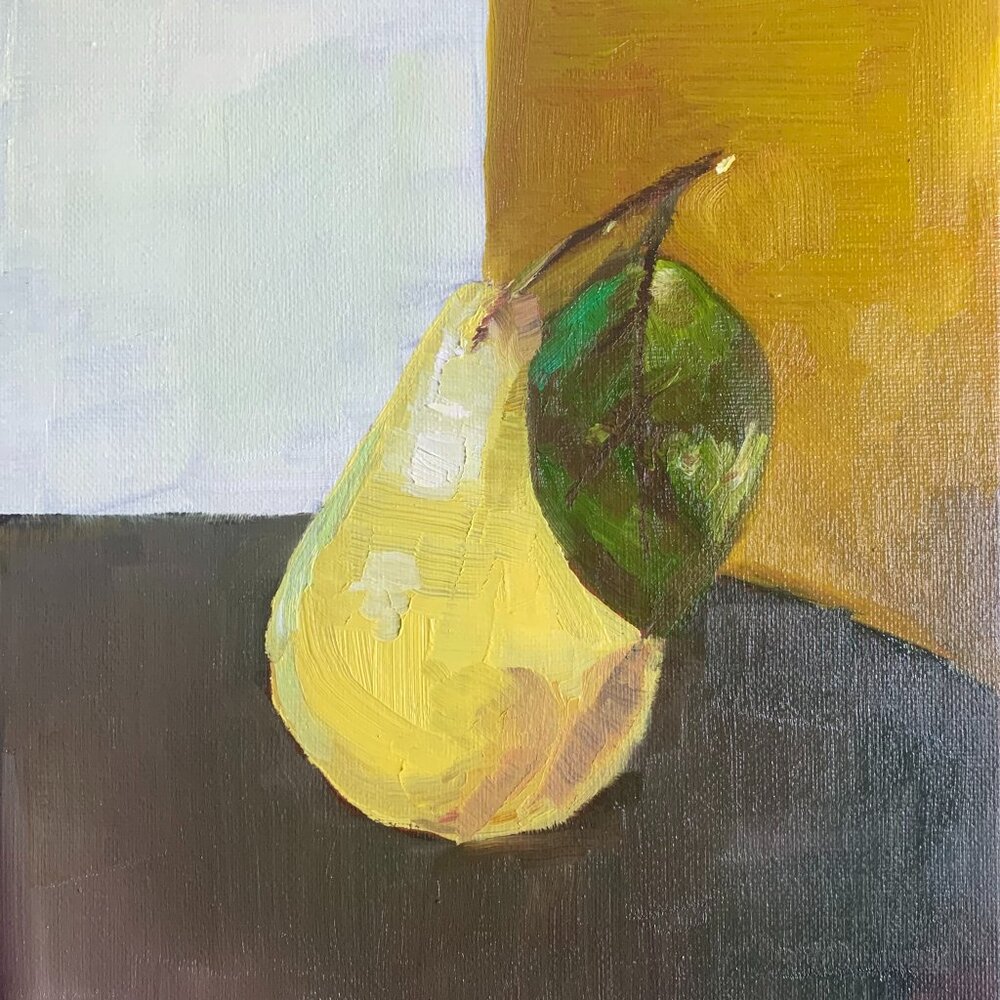 Original Oil Painting Still Life Fruit Pear Yellow Green Leaf Wall Art Signed